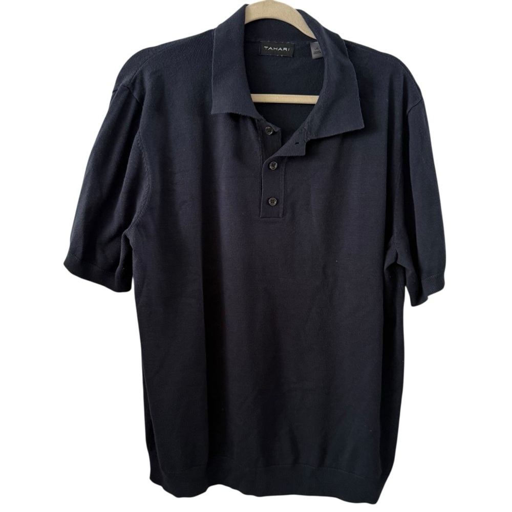Tahari Men’s Large Navy Short Sleeve Polo Sweater Classic Knit Casual Top